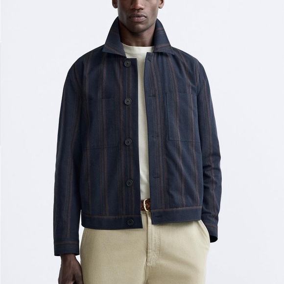 Zara men striped overshirt Navy blue / brown NWT